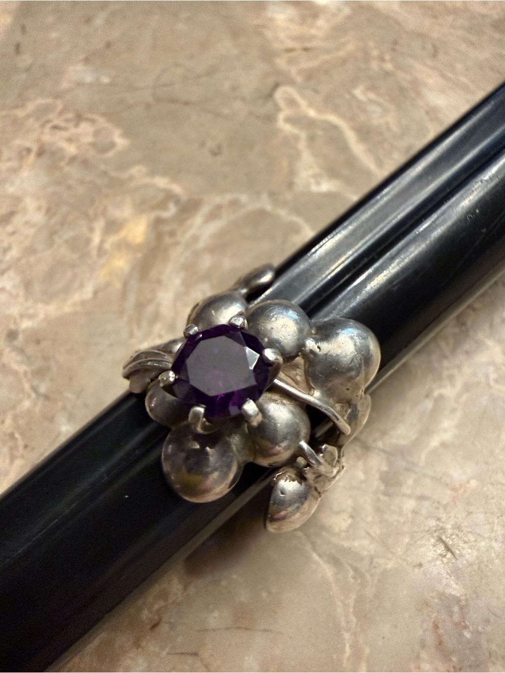 Vintage MCM sterling silver abstract, ring, brutalist style with amethyst